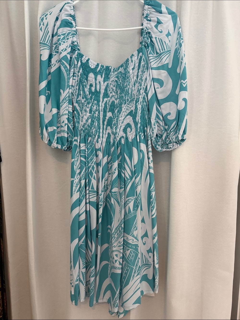Missing Polynesia Turquoise and White Smocked Puff-Sleeve Dress
